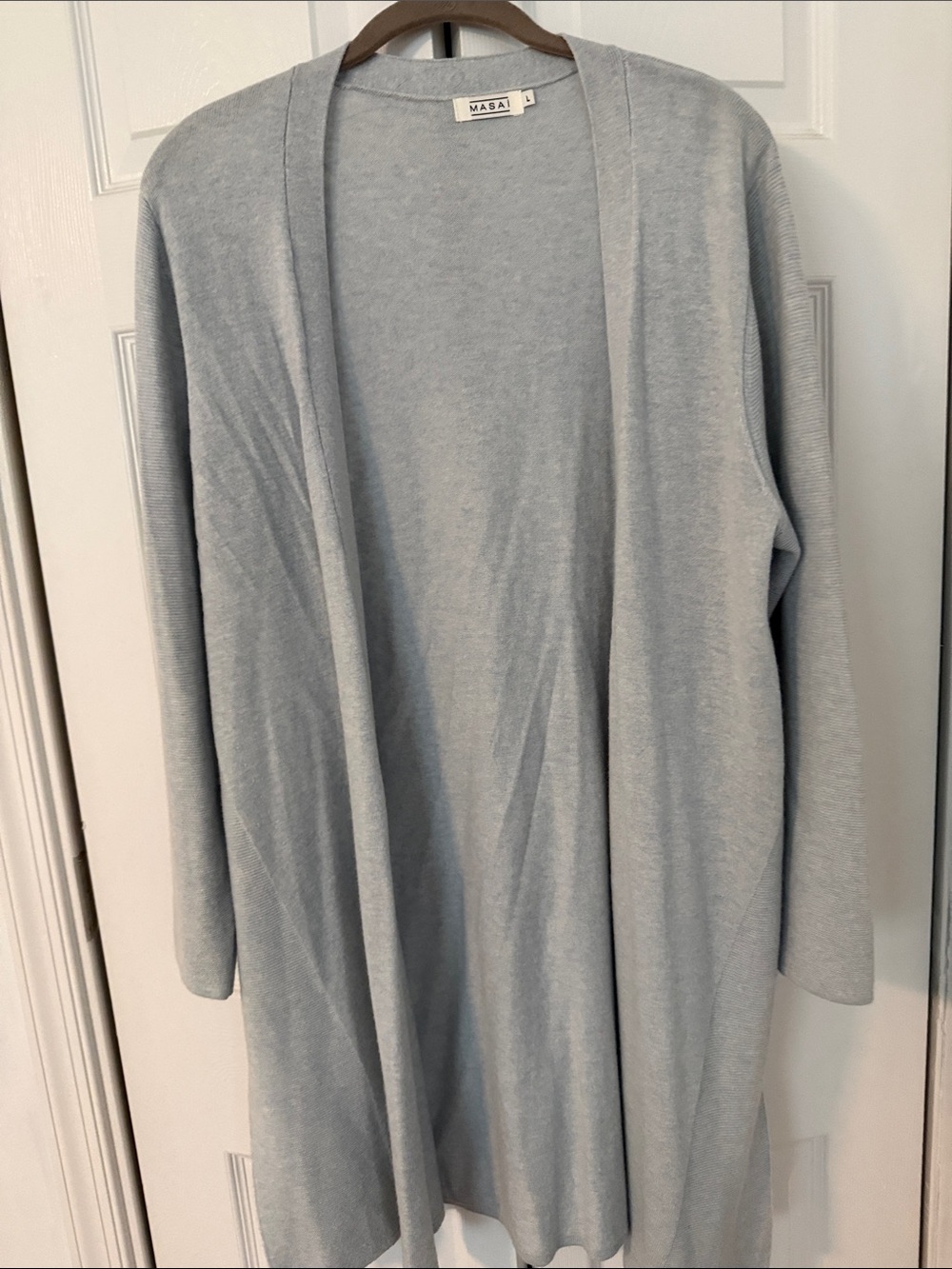 Masai Copenhagen Light Blue Open-Front Women's Cardigan Merino Wool Blend Large